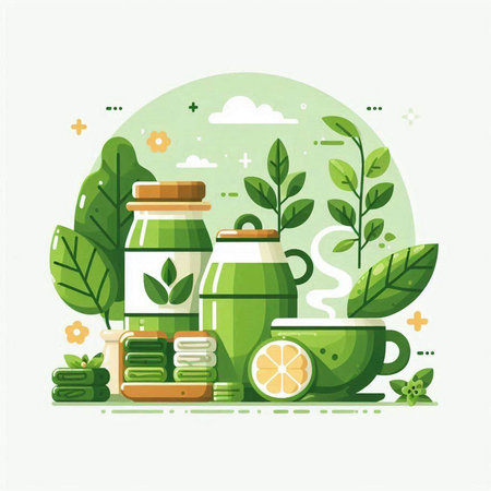 Green tea and herbal tea set. Vector illustration in flat style.のイラスト素材