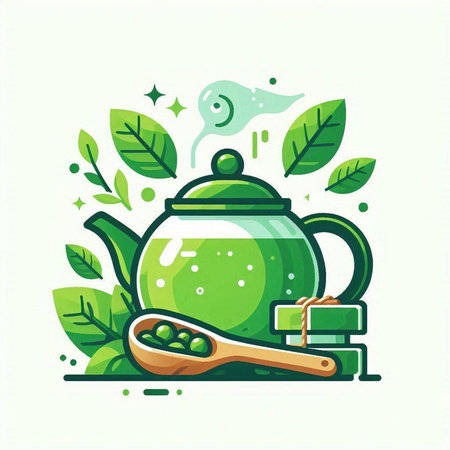 Tea ceremony vector icon. Vector illustration of teapot with green tea leaves, spoon and cup.のイラスト素材