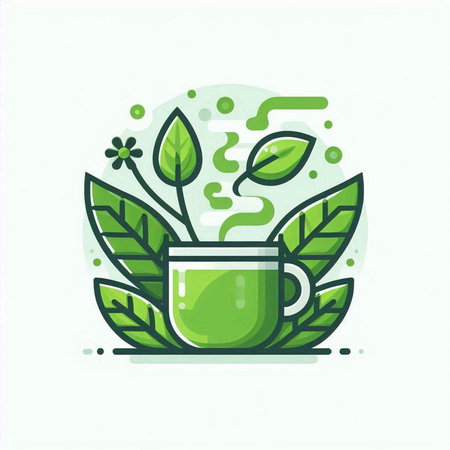 Cup of tea with green leaves. Vector illustration in linear style.のイラスト素材