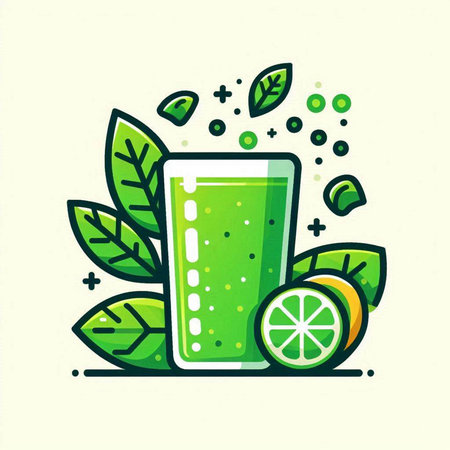 Green smoothie in glass with lime and leaves. Vector illustration.のイラスト素材