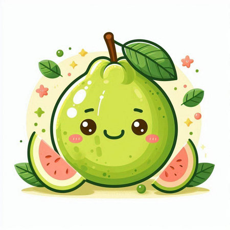 Cute cartoon guava fruit character. Vector illustration on white background.のイラスト素材