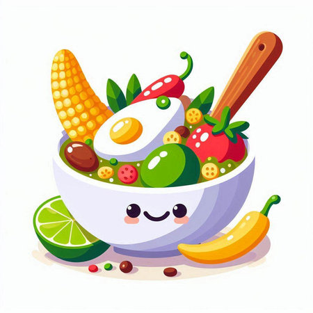 Funny cartoon salad in a bowl with fruits and vegetables. Vector illustration.のイラスト素材
