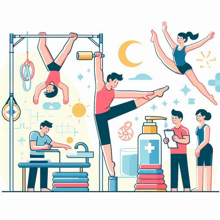 Fitness and healthy lifestyle vector illustration. Man and woman doing acrobatic exercises on horizontal bar.のイラスト素材