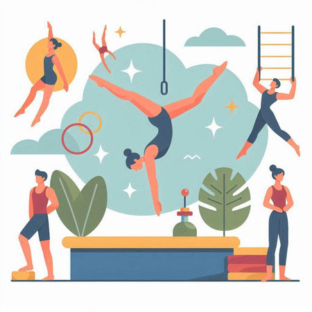 Group of people practicing acrobatic elements flat vector illustration. Gymnastics, healthy lifestyle concept for banner, website design or landing web pageのイラスト素材