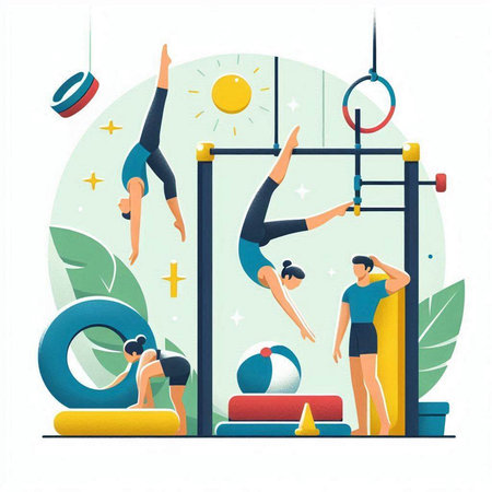 Sport vector illustration. Gymnastics in the gym. Flat style.のイラスト素材
