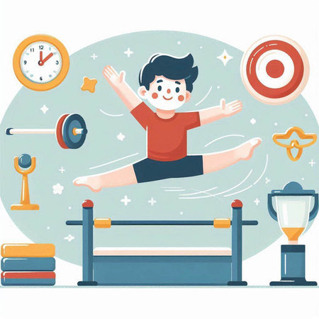 Boy jumping on a barbell in the gym. Cartoon vector illustration.のイラスト素材