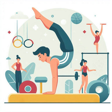 Sporty people doing exercises at the gym. Flat vector illustration.のイラスト素材