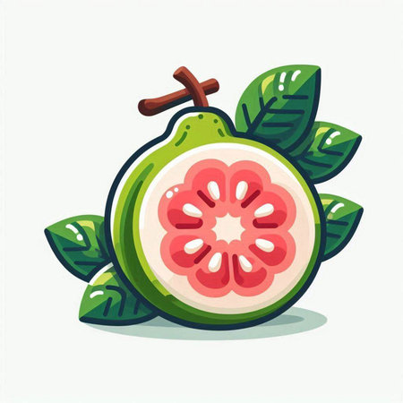 Fresh guava fruit with leaves. Vector illustration isolated on white background.のイラスト素材