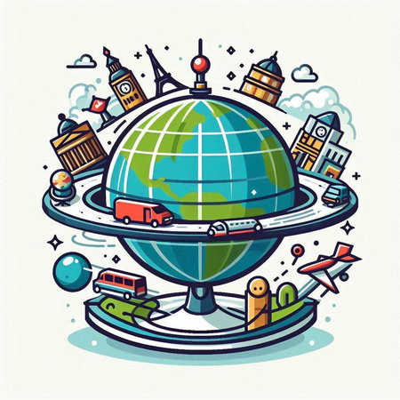 Travel around the world. Vector illustration of a globe with attractions.のイラスト素材