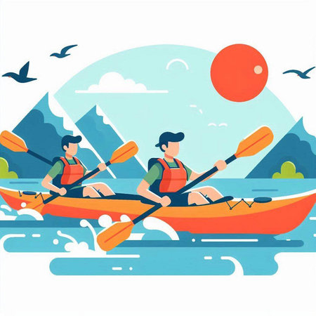 Kayaking on the river. People in a kayak. Vector illustrationのイラスト素材