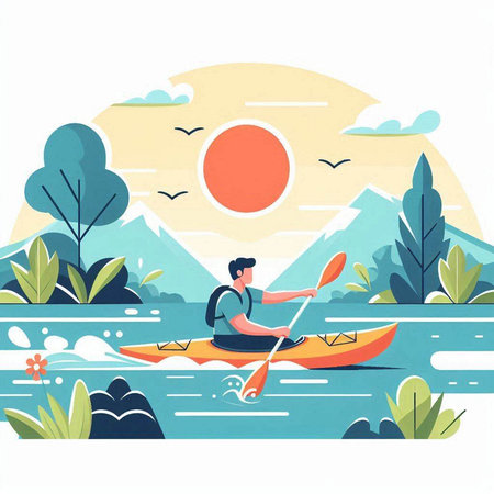 Man in kayak on the lake. Flat style vector illustration.のイラスト素材