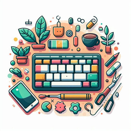 Flat design modern vector illustration concept of creative workspace with keyboard, mouse, pencils, plants, coffee cup, stationery, accessories.のイラスト素材