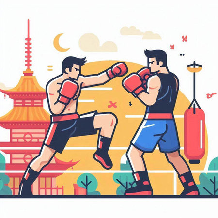 Boxing in the city. Vector illustration in a flat style.のイラスト素材