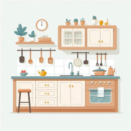 Kitchen interior design. Vector illustration in flat style. Kitchen furniture.のイラスト素材