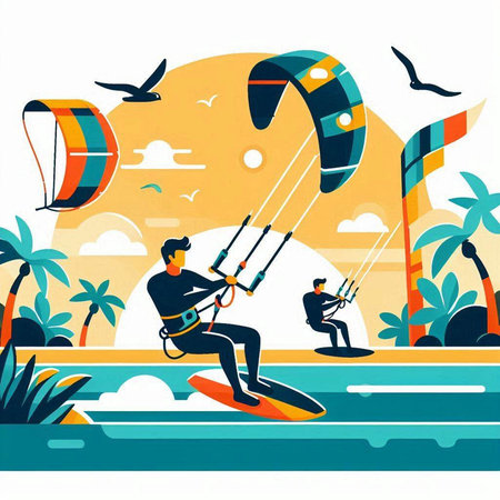 Kitesurfing on the beach. Vector illustration in flat styleのイラスト素材