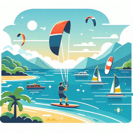 Kitesurfing on the beach. Vector illustration in retro styleのイラスト素材