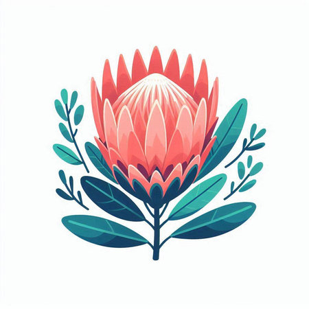 Protea flower with leaves. Vector illustration isolated on white background.のイラスト素材