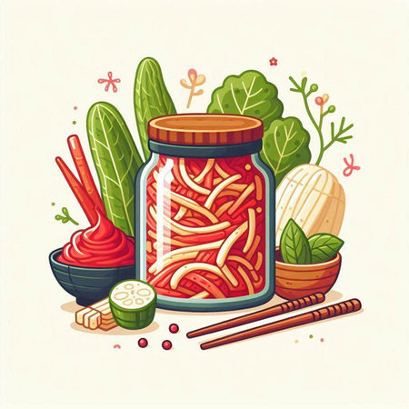Illustration of ketchup in a jar with chopsticks and vegetablesのイラスト素材