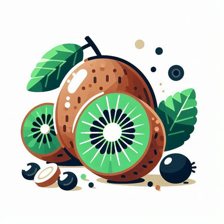 Kiwi fruit with leaves. Vector illustration in a flat style.のイラスト素材