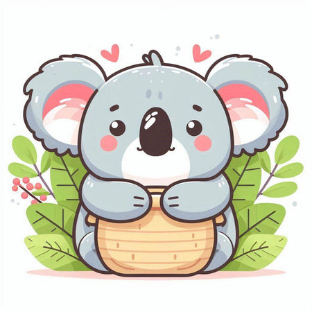 Cute koala holding a basket with hearts. Vector illustration.のイラスト素材