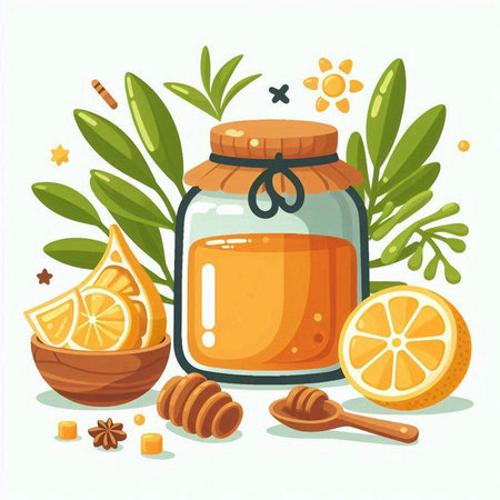 Jar of honey with lemon and honey dipper. Vector illustration.のイラスト素材