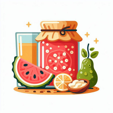 Glass of watermelon jam and ingredients. Vector illustration in flat styleのイラスト素材