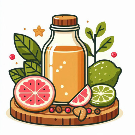 Citrus juice in a glass bottle on a wooden board. Vector illustration.のイラスト素材