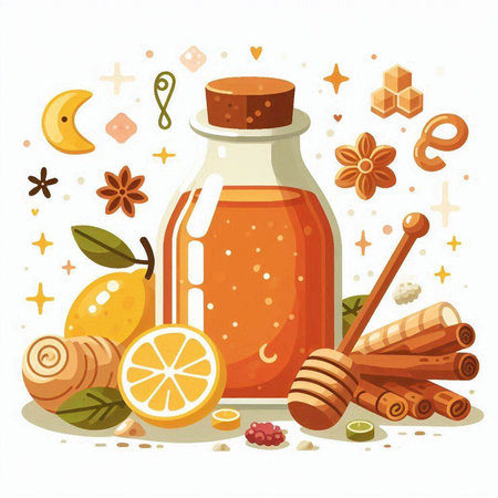 Honey in a glass jar, cinnamon, lemon, star anise, star anise. Vector illustration.のイラスト素材