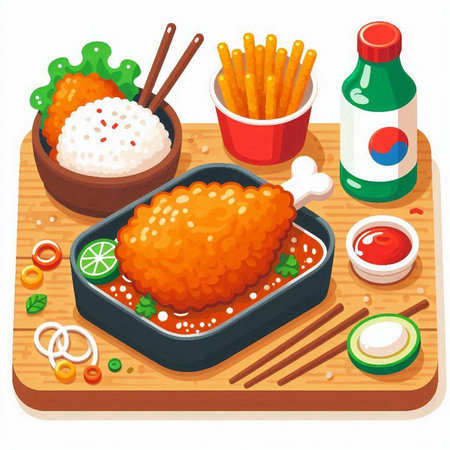 Illustration of a chicken nuggets on a wooden board with sauce and chopsticksのイラスト素材