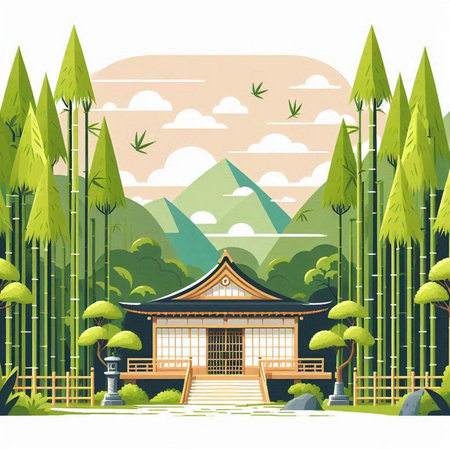 Japanese temple in the forest. Vector illustration in a flat style.のイラスト素材