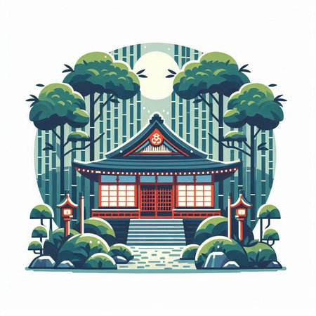 Traditional japanese temple in the middle of the forest. Vector illustration.のイラスト素材