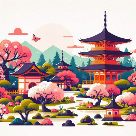 Japanese landscape with pagodas and cherry blossom, vector illustrationのイラスト素材