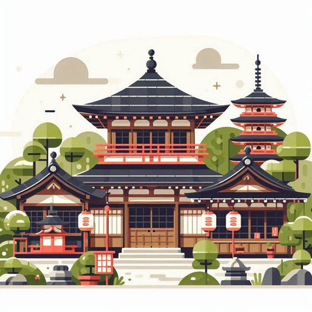 Japanese temple in flat style. Vector illustration of traditional japanese architectureのイラスト素材
