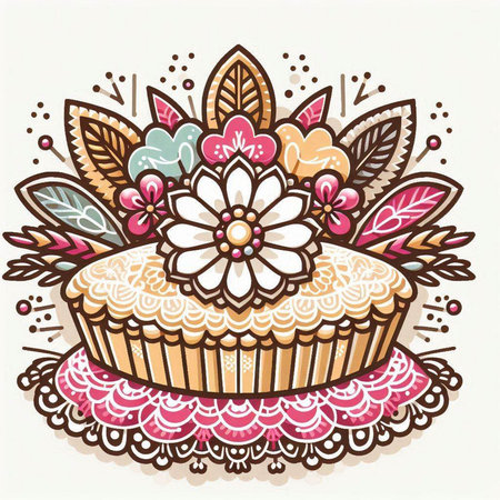 Vintage cupcake with flowers and leaves. Hand drawn vector illustration.のイラスト素材