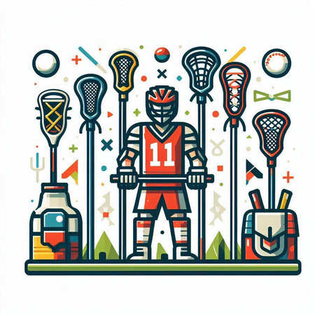 Lacrosse player with a set of sports equipment. Vector illustrationのイラスト素材