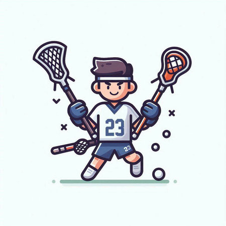 Illustration of a cartoon boy playing lacrosse. Vector illustration.のイラスト素材