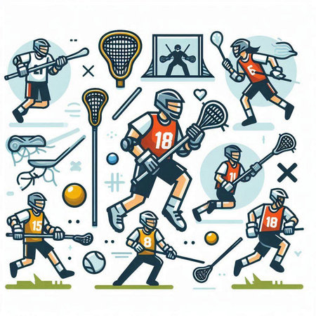 Lacrosse players with sport equipment. Set of vector linear icons.のイラスト素材