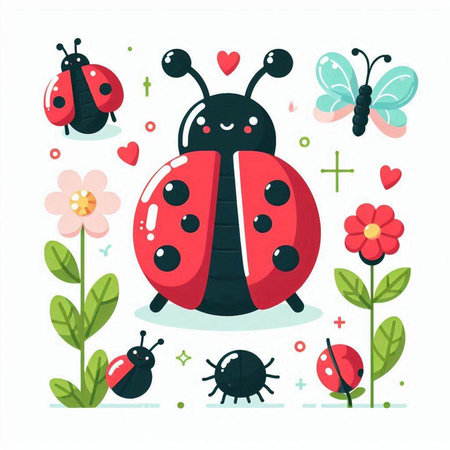 Cute ladybugs and flowers. Vector illustration in flat style.のイラスト素材