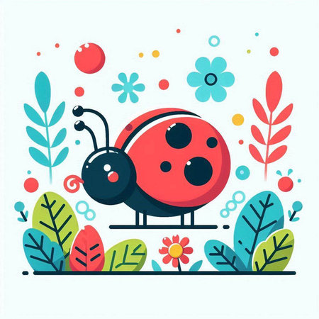 Cute ladybug with flowers and leaves. Vector illustration in flat style.のイラスト素材
