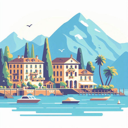 Landscape of Lake Garda, Italy. Vector illustration in flat styleのイラスト素材