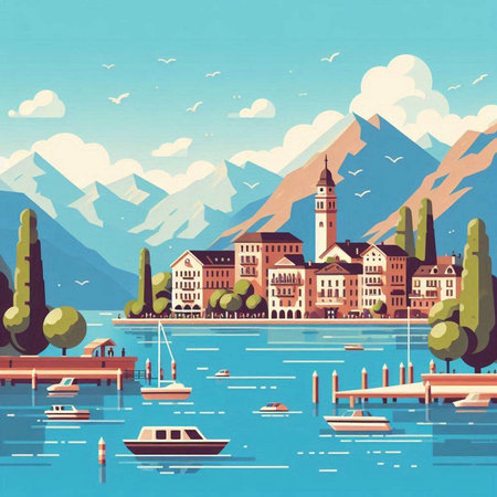 Lake Garda, Italy. Landscape with old buildings and boats. Vector illustrationのイラスト素材
