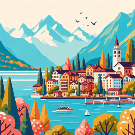 Lake Como, Italy. Vector illustration. Landscape with mountains, lake and houses.のイラスト素材