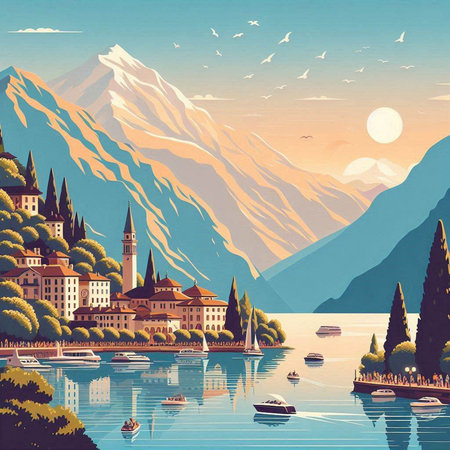 Beautiful view of Lake Maggiore, Italy. Vector illustrationのイラスト素材