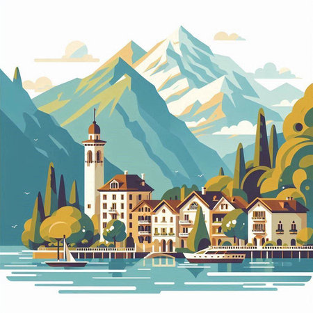 Switzerland landscape with old town, lake and mountains. Vector illustrationのイラスト素材