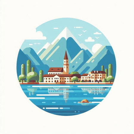 Landscape of Lake Lucerne, Switzerland. Vector illustration.のイラスト素材