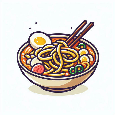 Illustration of Asian noodle bowl with chopsticks and boiled eggのイラスト素材