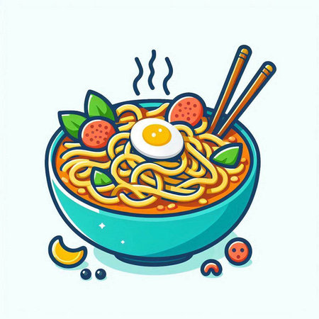 Bowl of noodle with fried egg and vegetables. Vector illustration.のイラスト素材