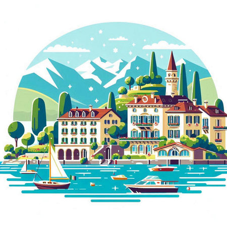 Lake Maggiore. Italy. Vector illustration in retro style.のイラスト素材