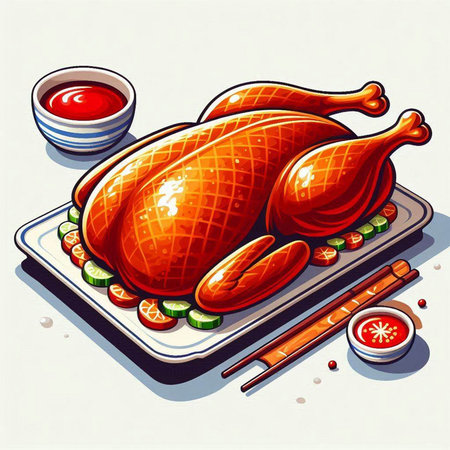Roast chicken on a plate with soy sauce. Vector illustration.のイラスト素材