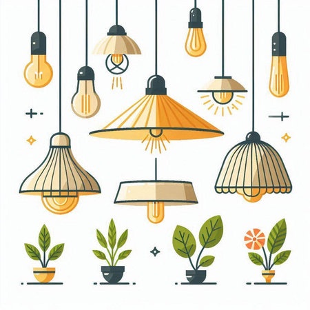 Set of light bulbs and potted plants. Vector illustration in flat style.のイラスト素材